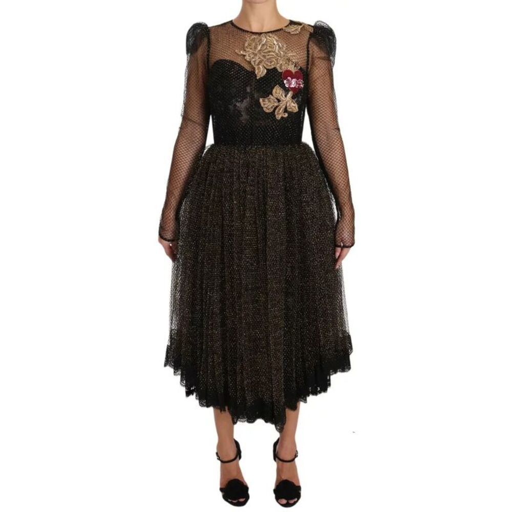 Dolce & Gabbana Black Gold Crystal Heart A-line Women's Dress